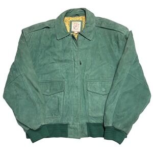American Weekend Bomber Jacket Green Mens Large Leather Vintage Map Lining